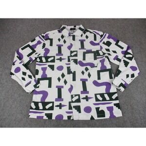 Lazy Oaf Shirt Mens Medium White Purple Geometric Button Up Canvas Long‎ Sleeve